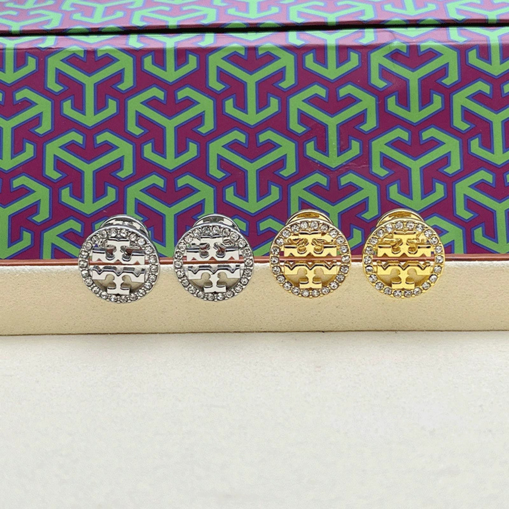 Tory Burch Rhinestone Letter Metal Round Earrings